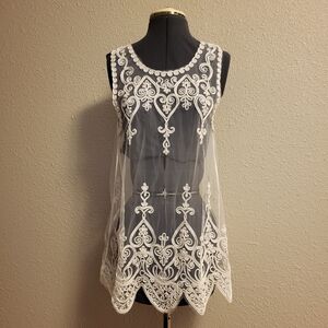 White Tulle & Lace Applique Tank Top